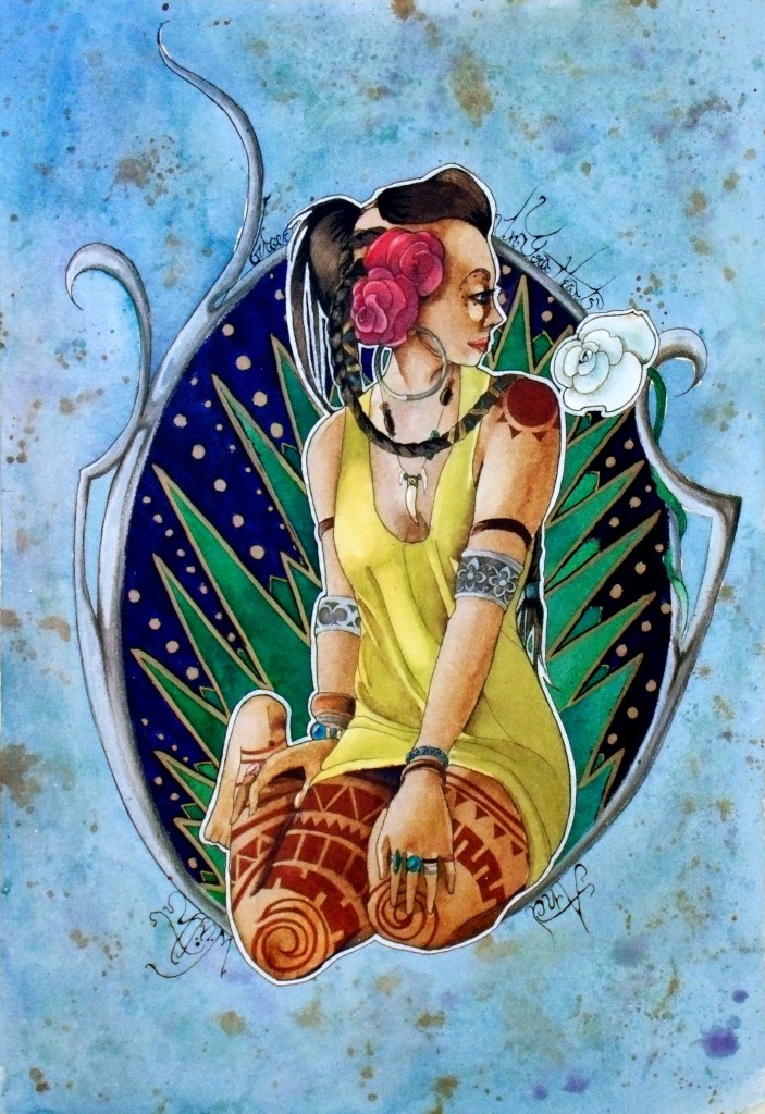 Ink, watercolor, and colored pencil