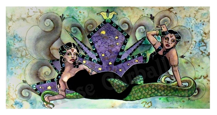 Ink, coffee, watercolor, and colored pencil